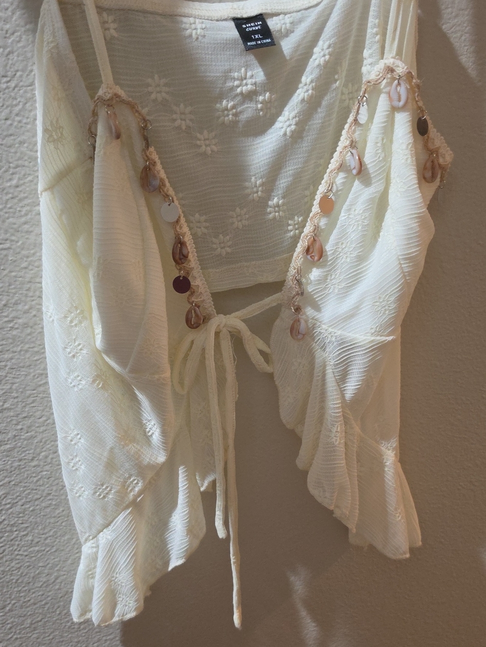 SHEIN Cream Sheer Tie-Front Shell Top with Sequin Trim